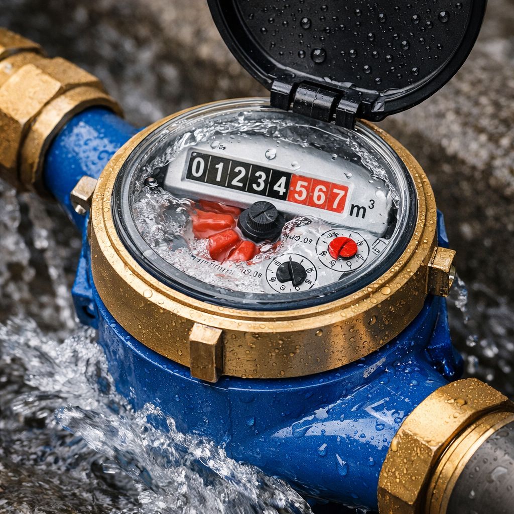 Wet type water meter installed on a water supply pipe during operation